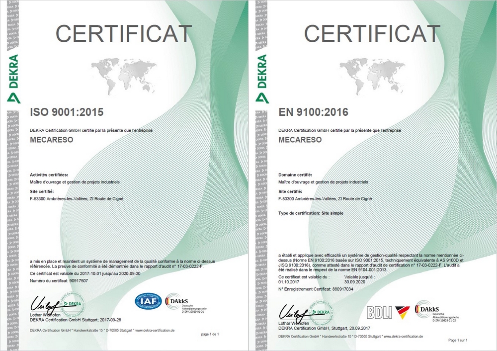 Image des deux certificats ISO9001 et EN9100